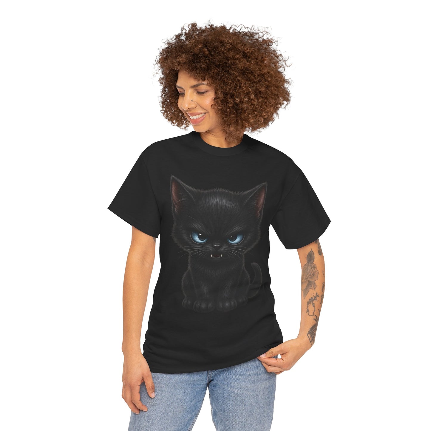 Tiny Midnight Mischief Cat T-Shirt | Blue-Eyed Black Kitten Graphic Tee | Cute Gothic Cat Shirt