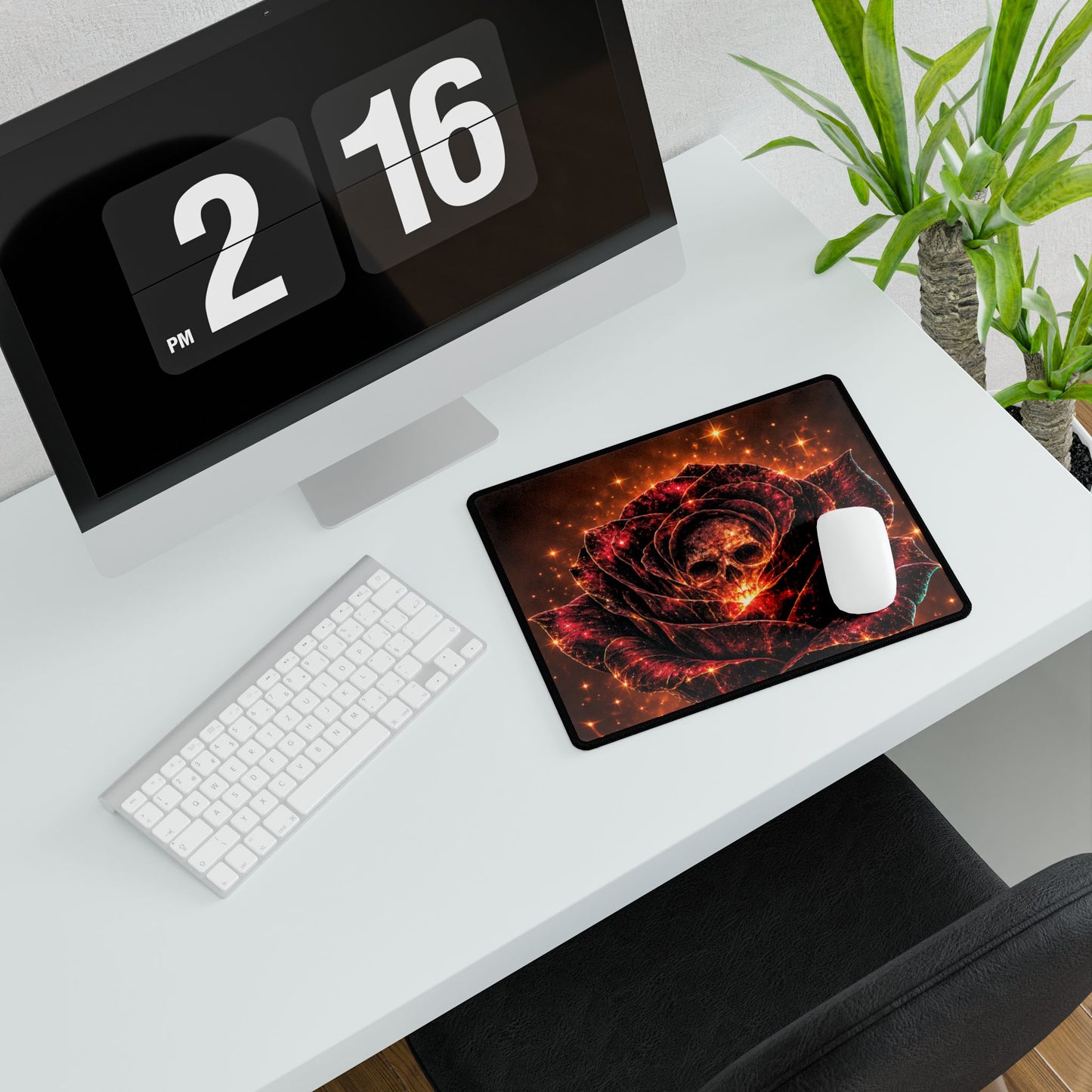 Fiery Skull Rose Desk Mat — Gothic Gaming & Office Mouse Pad
