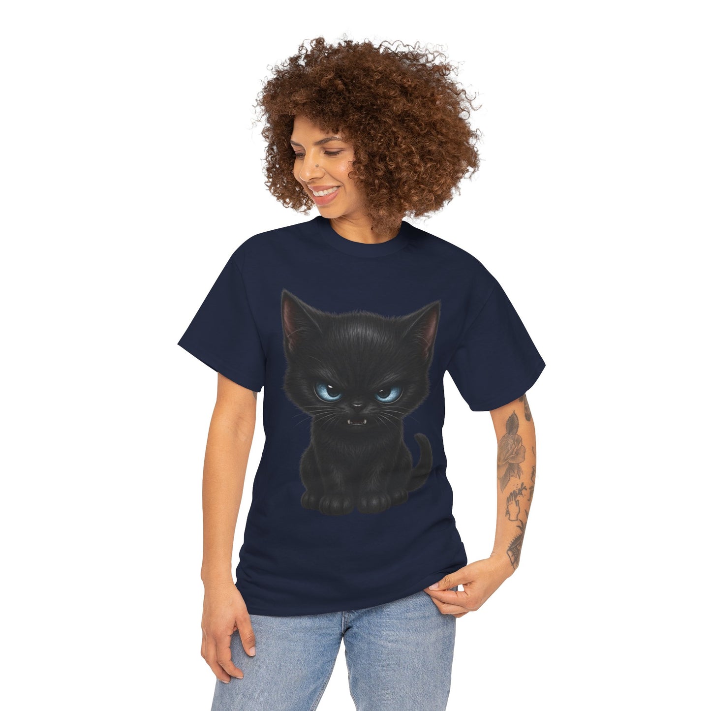 Tiny Midnight Mischief Cat T-Shirt | Blue-Eyed Black Kitten Graphic Tee | Cute Gothic Cat Shirt