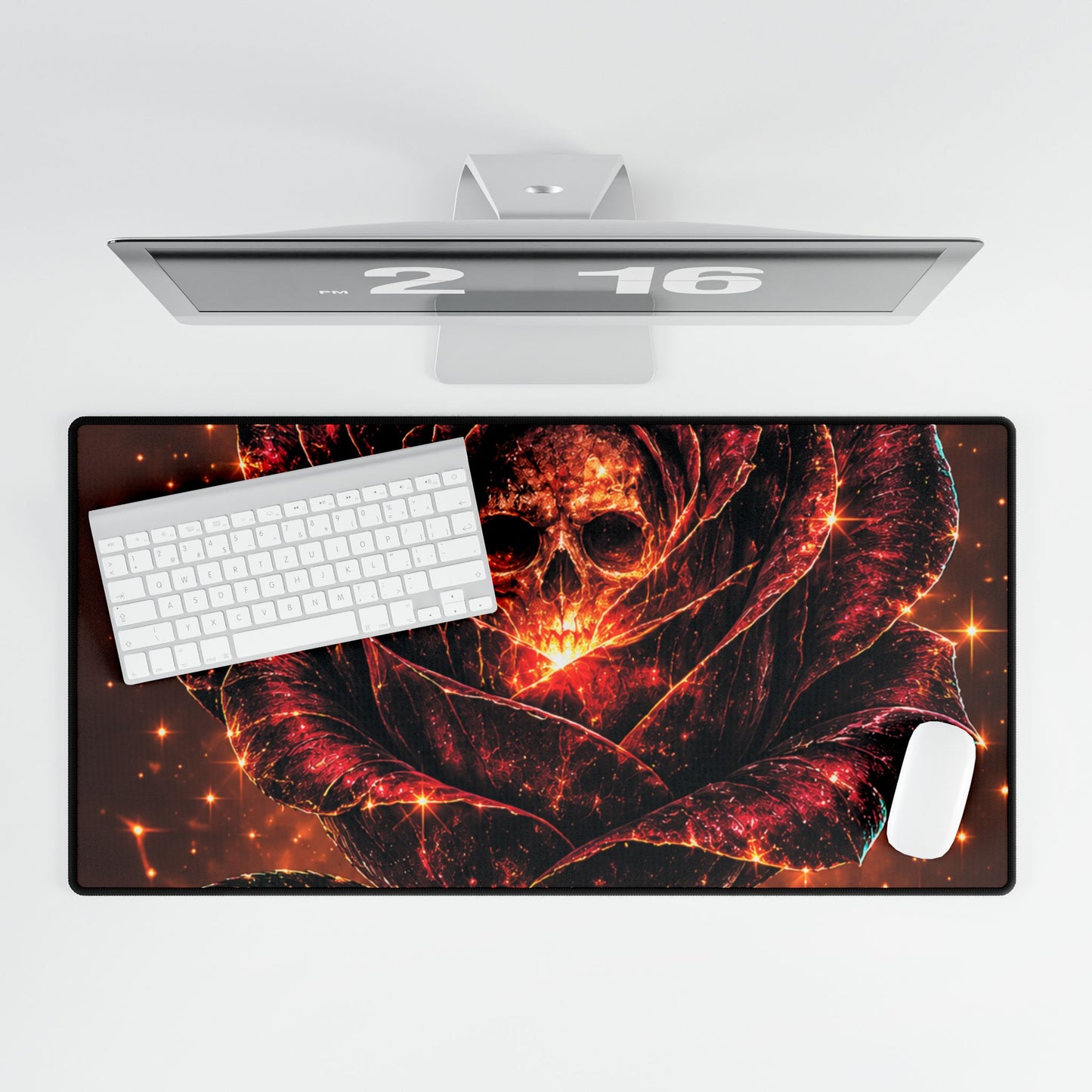 Fiery Skull Rose Desk Mat — Gothic Gaming & Office Mouse Pad