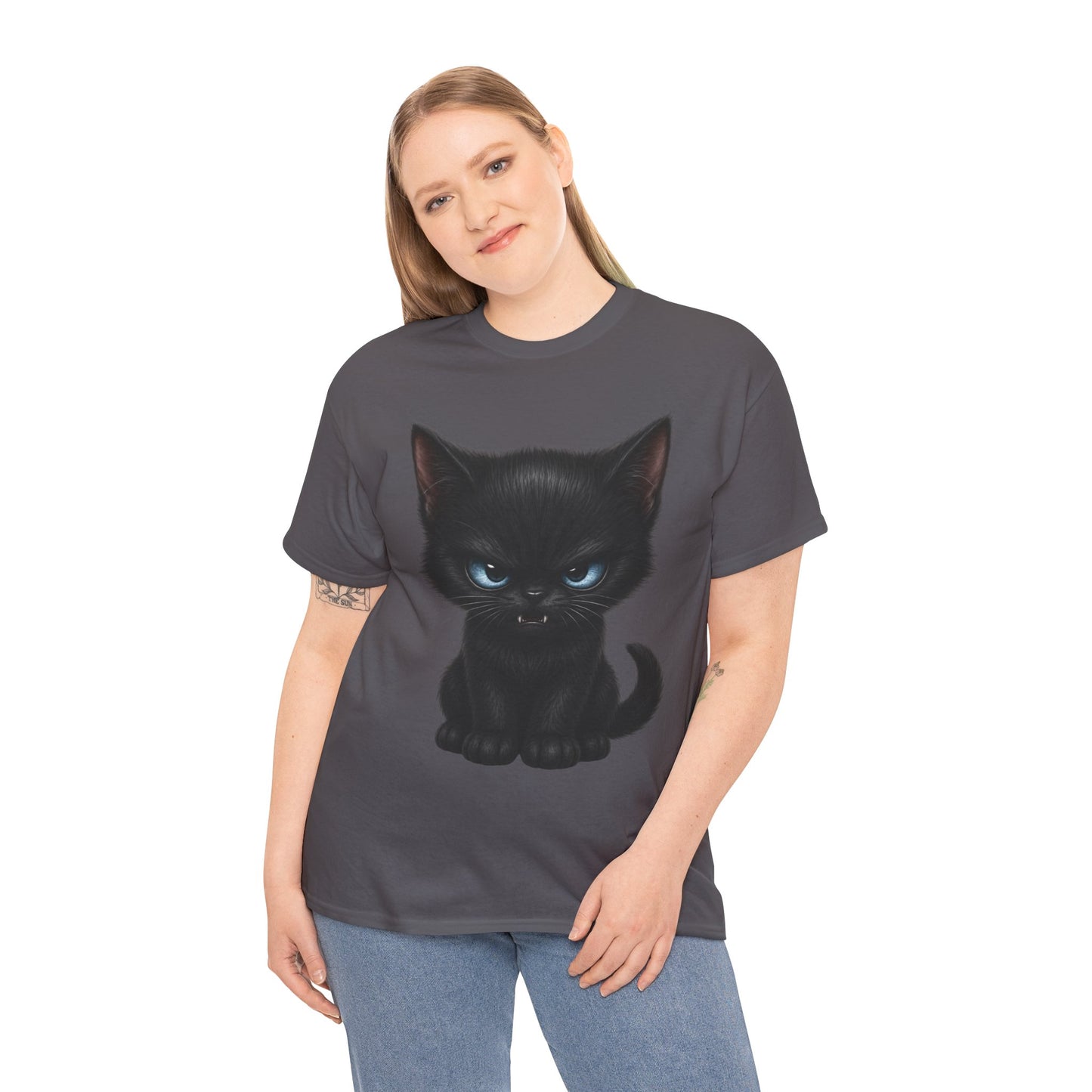 Tiny Midnight Mischief Cat T-Shirt | Blue-Eyed Black Kitten Graphic Tee | Cute Gothic Cat Shirt