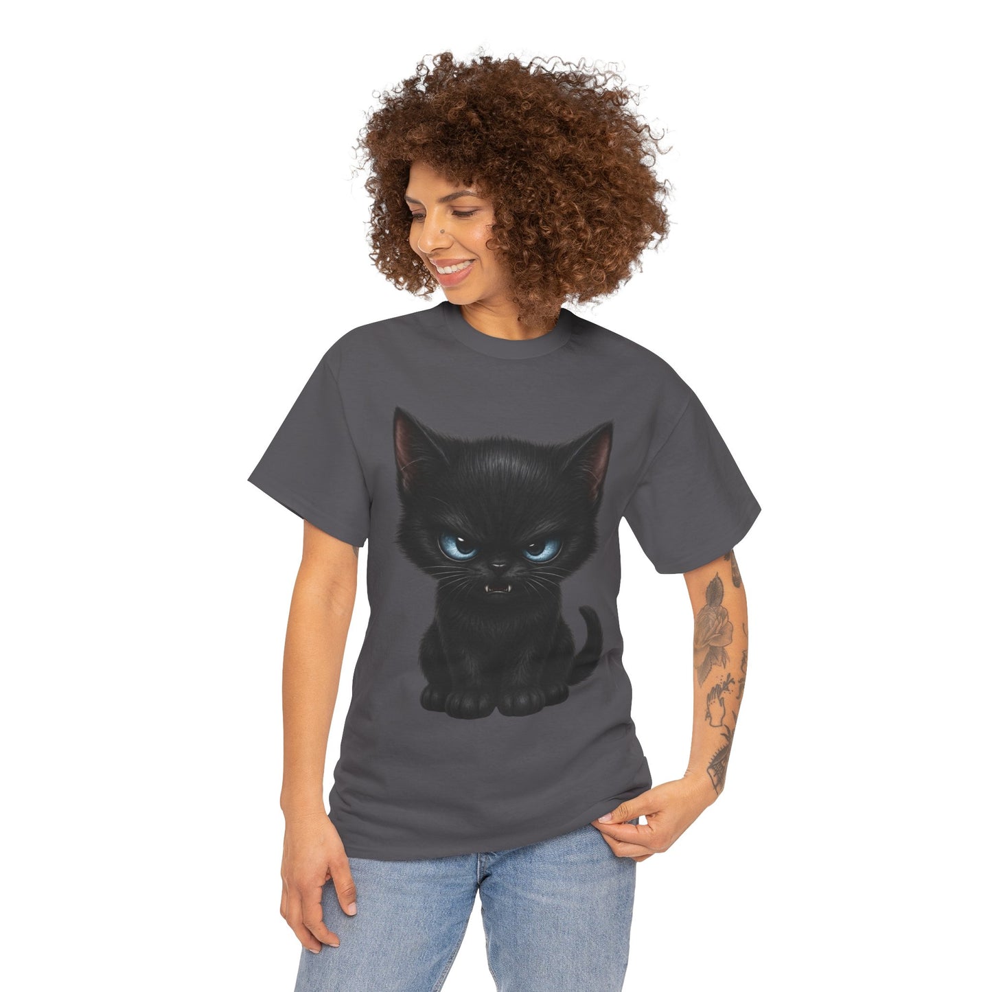 Tiny Midnight Mischief Cat T-Shirt | Blue-Eyed Black Kitten Graphic Tee | Cute Gothic Cat Shirt
