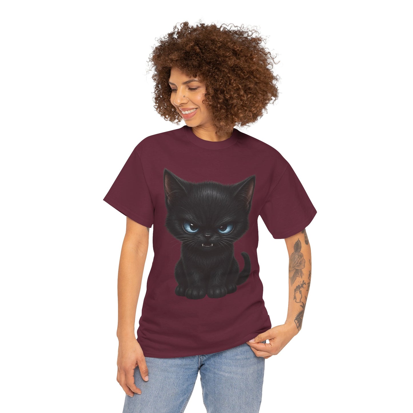 Tiny Midnight Mischief Cat T-Shirt | Blue-Eyed Black Kitten Graphic Tee | Cute Gothic Cat Shirt