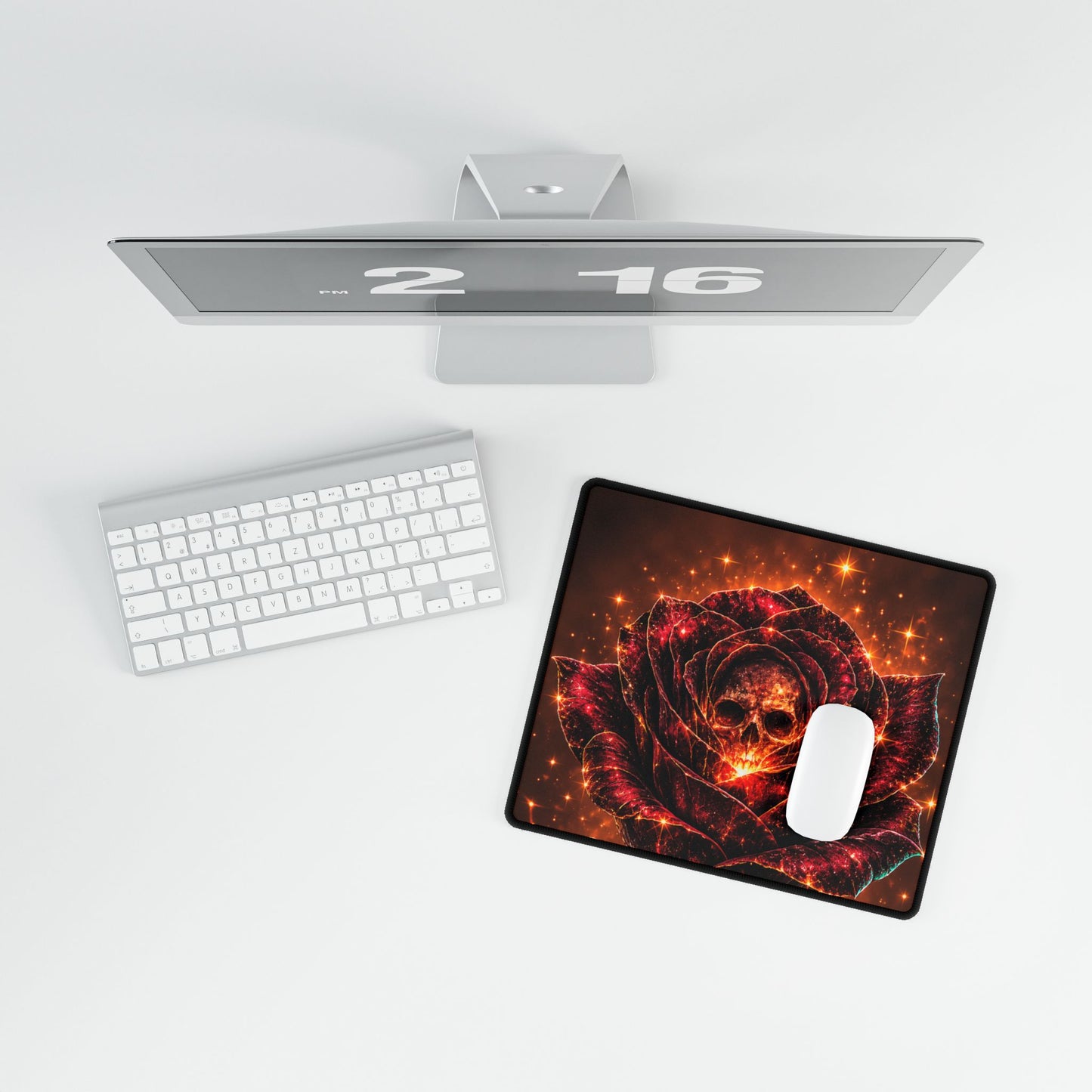 Fiery Skull Rose Desk Mat — Gothic Gaming & Office Mouse Pad